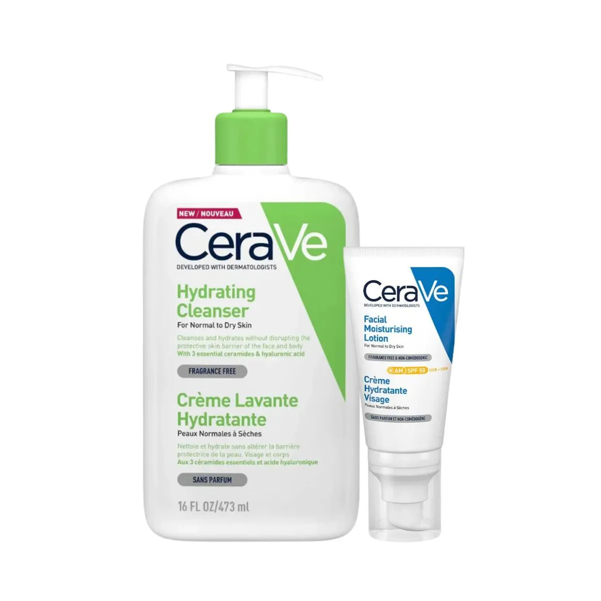 CeraVe Cleanse & Protect Face Routine for Dry Skin, Hydrating Cleanser and Facial Moisturiser with SPF50