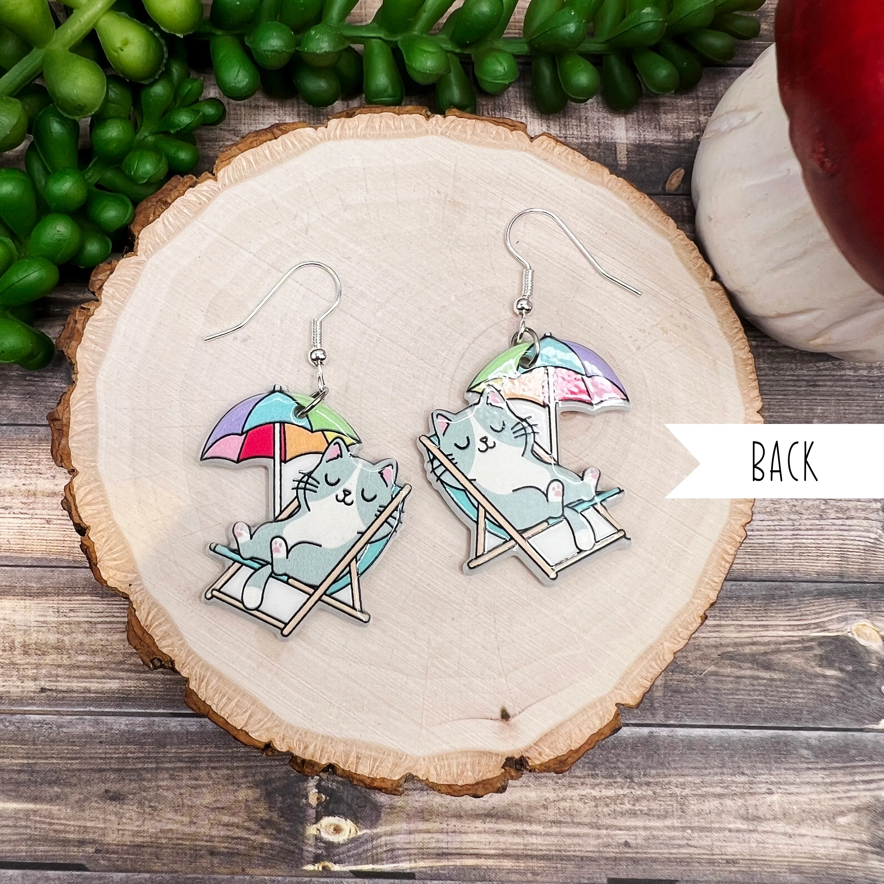 Vacationing Beach Chair Relaxing Grey and White Acrylic Cat  Earrings, Hypoallergenic Gift